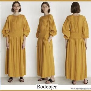 Rodebjer Roma Chiffon Smocked Waist Maxi Dress Mustard Boho‎ Long Sleeve S